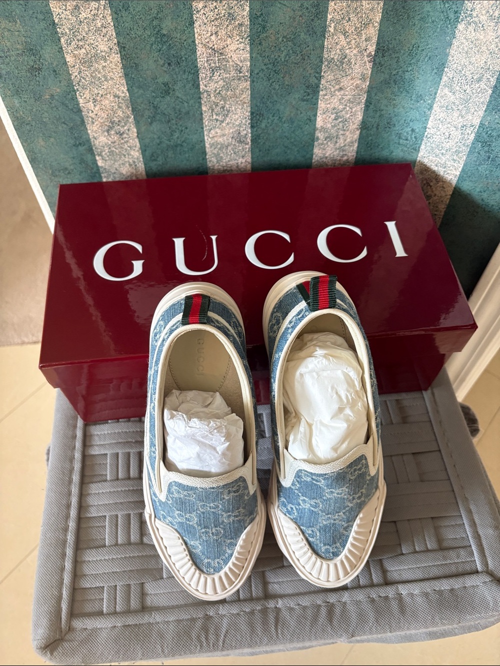 Gucci women's Denim Slip-On Sneakers with Green-Red Web gorgeous